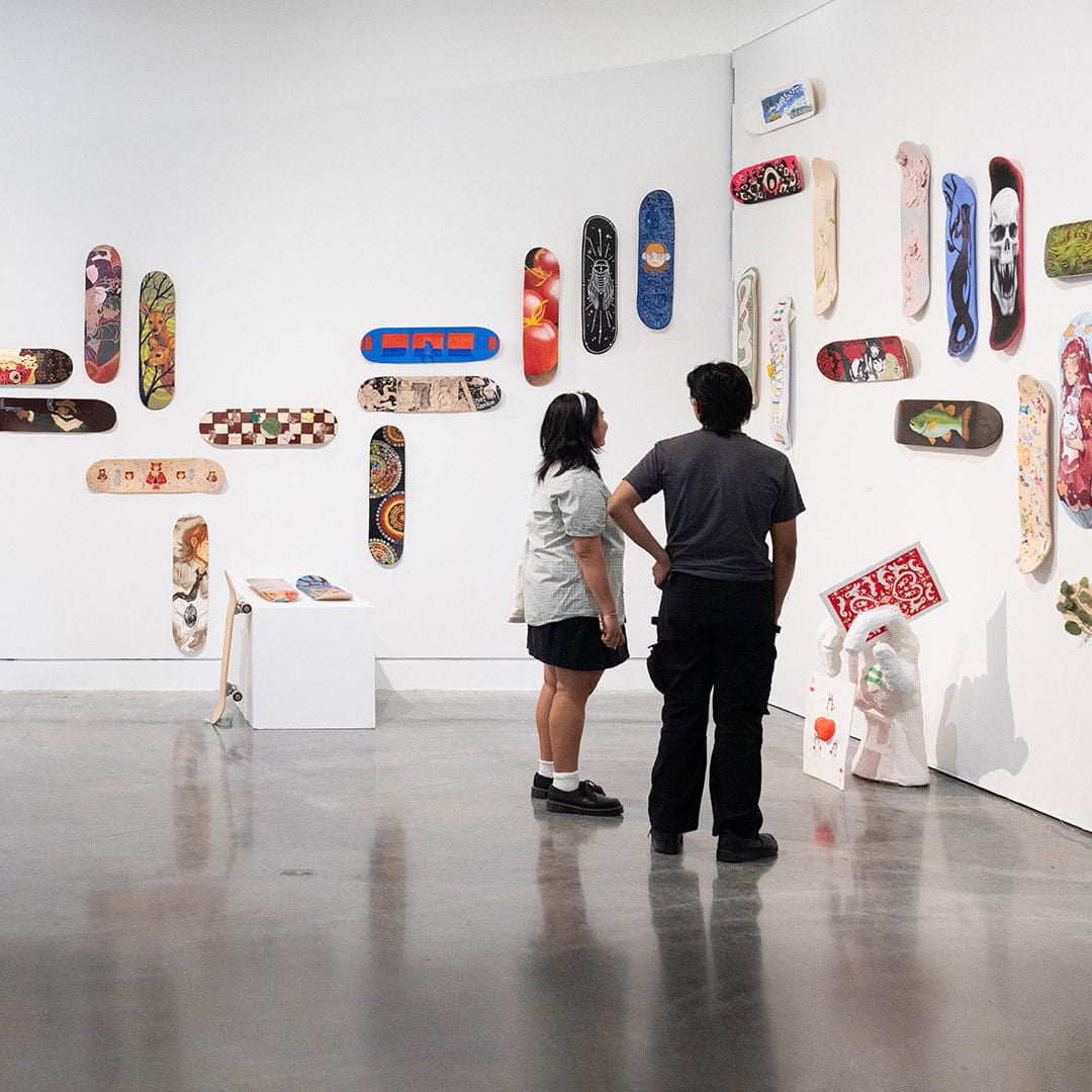 Custom skateboard designs by first year students displayed at the Foundation Year Exhibition, 2025.