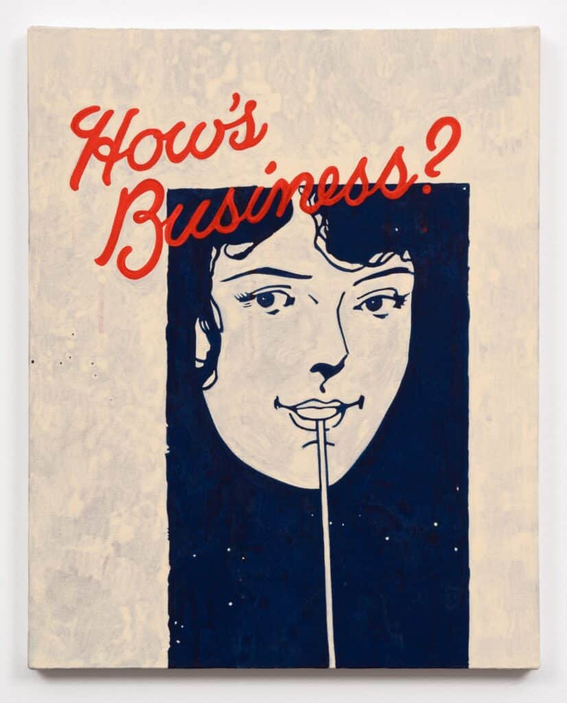 A vertical canvas with a creamy white background bears an illustrative navy-blue image of a female face smiling with a straw in her mouth under the words "How’s Business?" in red cursive lettering.