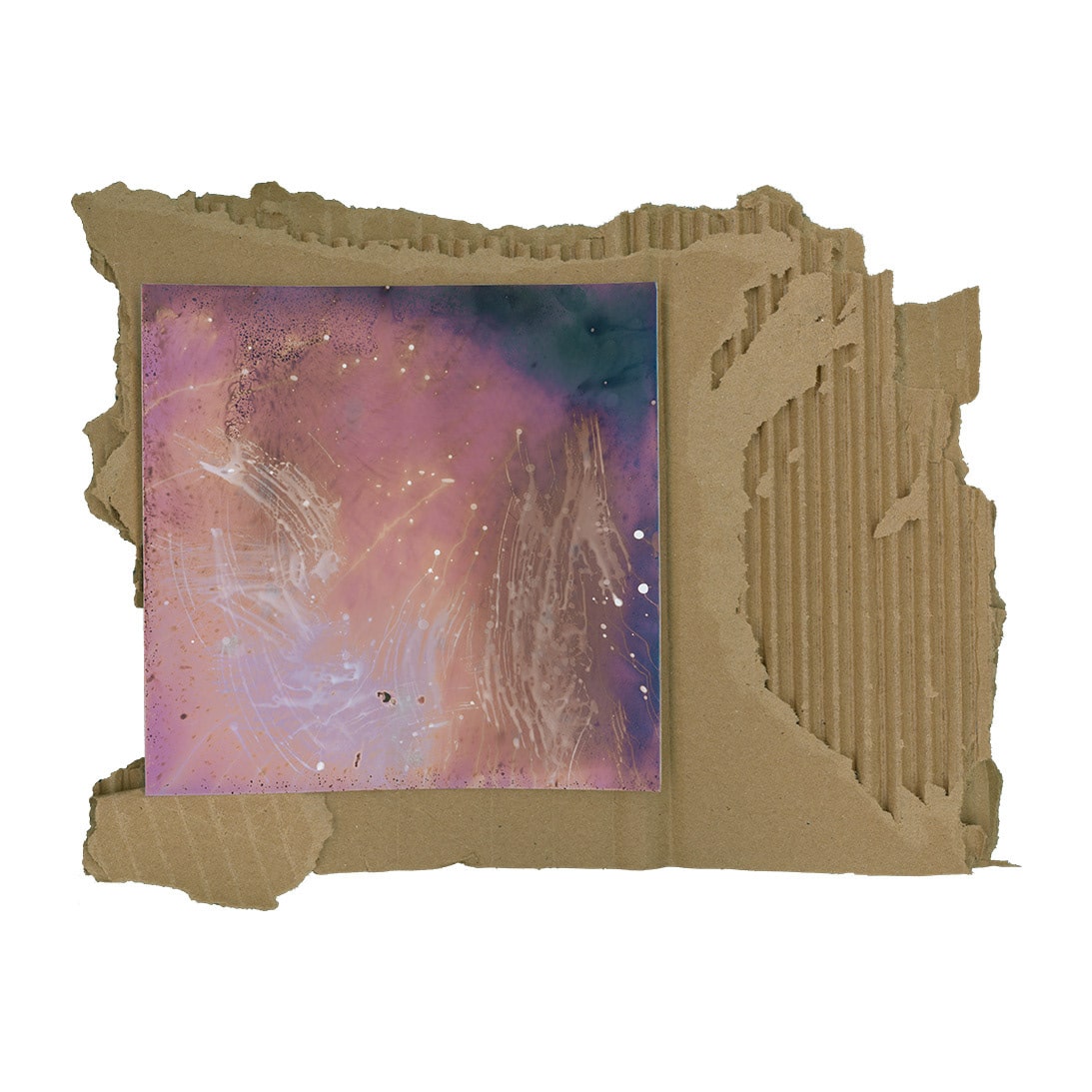 Close-up of a mixed-media artwork featuring a square abstract photograph layered onto torn corrugated cardboard against a white background.