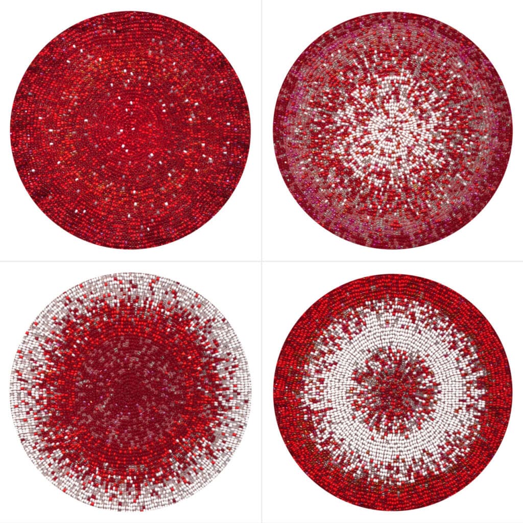 Four circular red and white beaded artworks arranged in a grid on a white background.