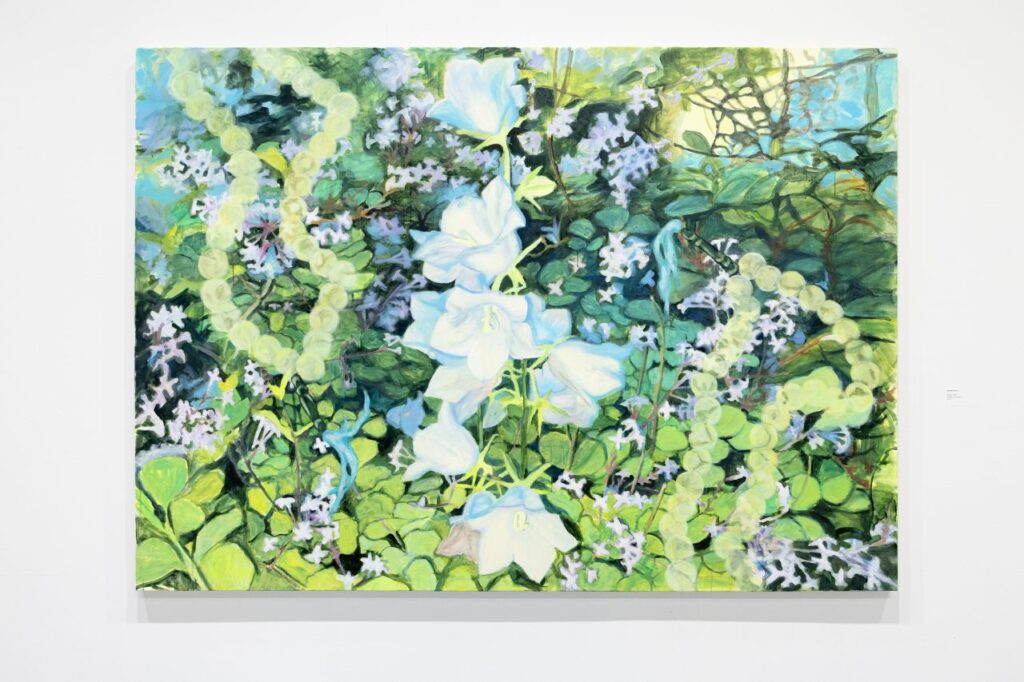 A wide abstract painting depicting pale blue and white flowers emerging from layered green foliage, with translucent circular forms woven throughout the composition.