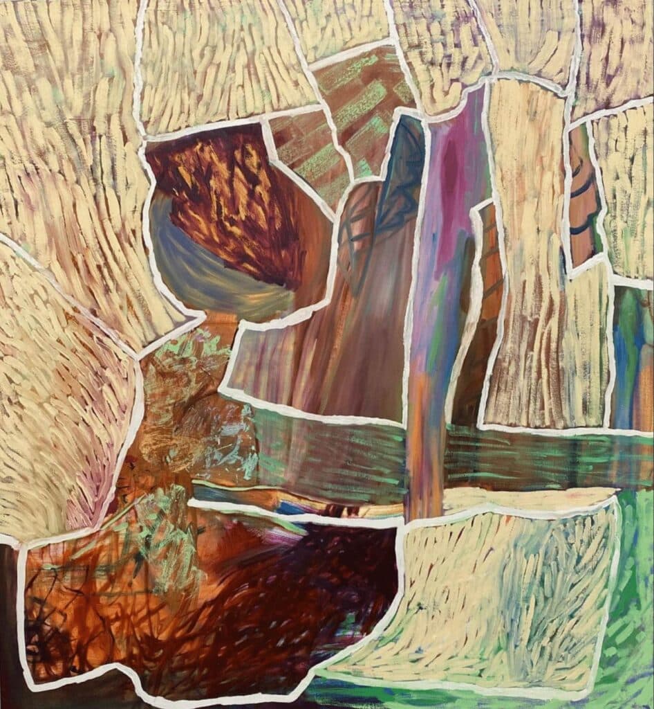 Abstract painting composed of earth-toned blocks outlined in white, with sections of textured brushwork and areas of deep red, green and purple.