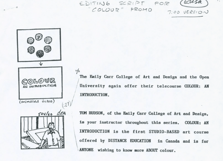 A document with boxes on the lefthand side with storyboards of a telecourse containing dots in a circle, the title 'Colour: An introduction,' and a man standing by a drawing board. 