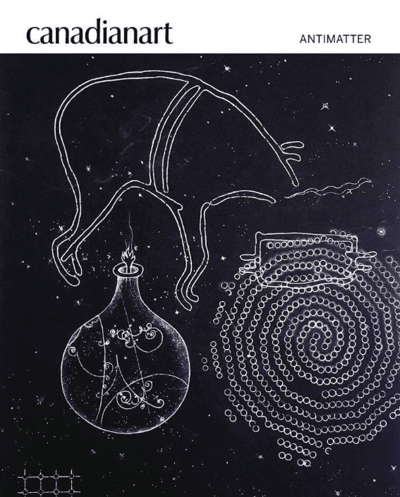 Illustrated cover image featuring a white line drawing of an animal-like figure hovering above a glowing vessel and a spiral pattern, set against a dark, star-filled background, with the title “Canadian Art” and the word “ANTIMATTER” at the top.