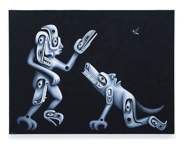 Painting depicting two stylized, animal-like figures with human features facing each other against a dark background, rendered in cool blue tones with expressive, carved-form details.