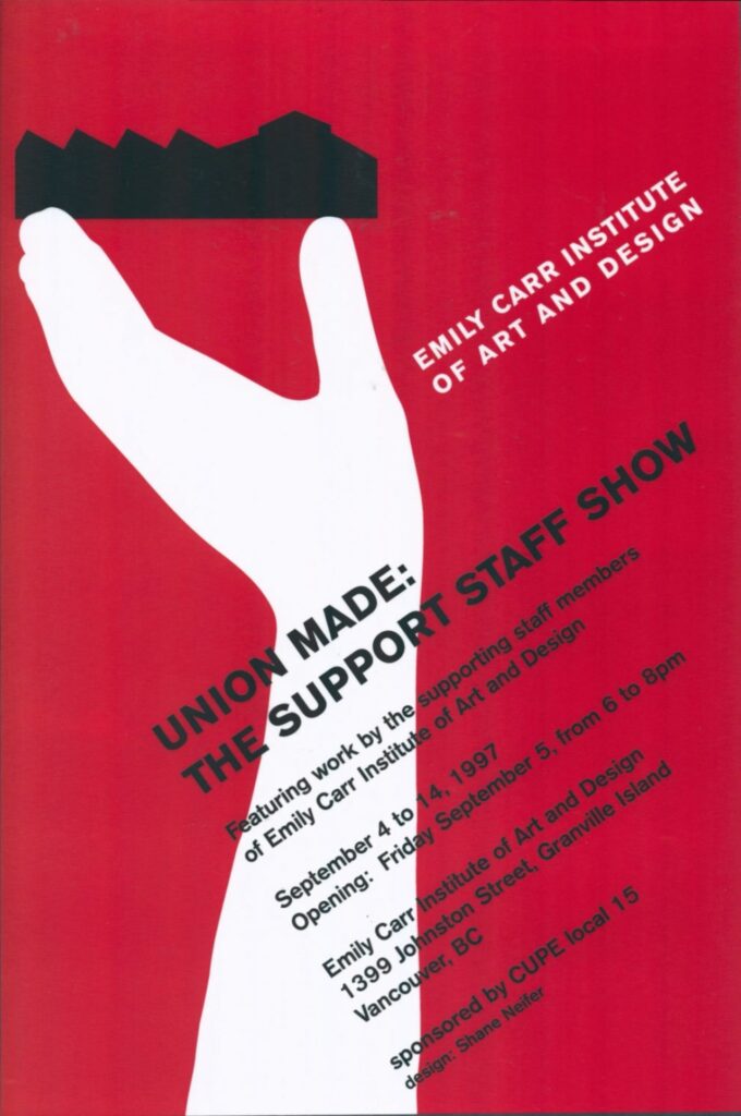 A white hand holds up the silhouette of a building against a red building with black text reading, ‘Union Made: The Support Staff Show.’