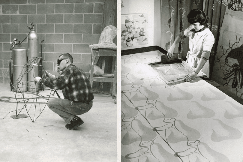 Left: A student working on a wire project in a sculpture studio. Right: A student screen printing.