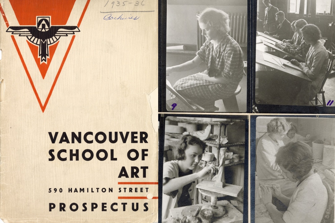 The cover of the Vancouver School of Art Prospectus with four snapshots of students working on different creative projects.
