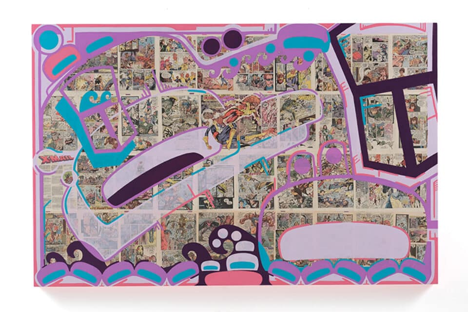 Eat your heart out, Bruce Willis, 2021 Acrylic paint, acrylic ink, acrylic medium, Marvel comic book pages on panel. (Photo by Byron Dauncey; courtesy Equinox Gallery). This series explores how language and myths can straddle multiple cultures and times by bringing together comics from Sonny’s childhood with his classic pop culture sensibility with a Kwakwaka’wakw twist.