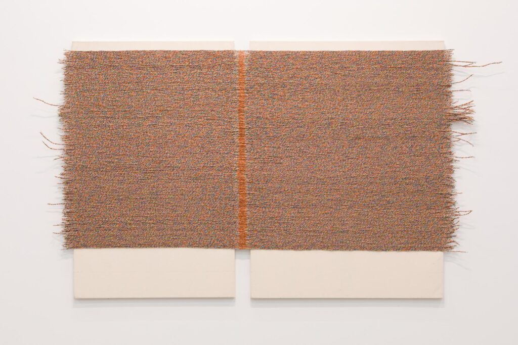 Two adjacent panels covered in finely woven, multicoloured threads, forming a continuous surface with a subtle vertical seam at the centre.