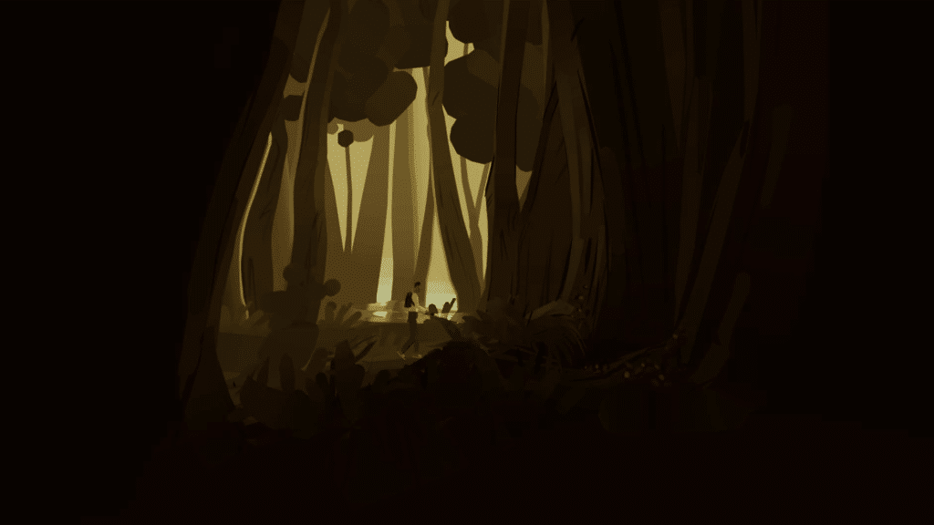 A person stands in a softly lit forest clearing, surrounded by tall, shadowed trees and dense foliage.