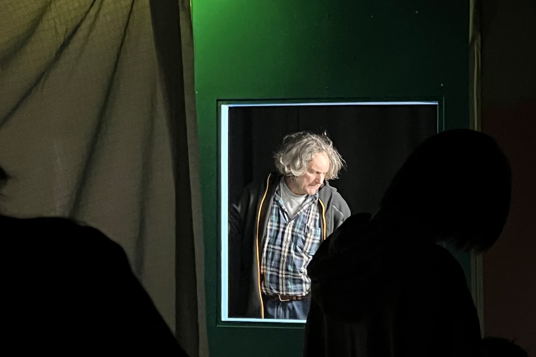 A person stands framed by a softly lit window, looking downward. Their figure is set against dark surroundings and green-toned walls, with shadowed shapes in the foreground creating a quiet, contemplative scene.