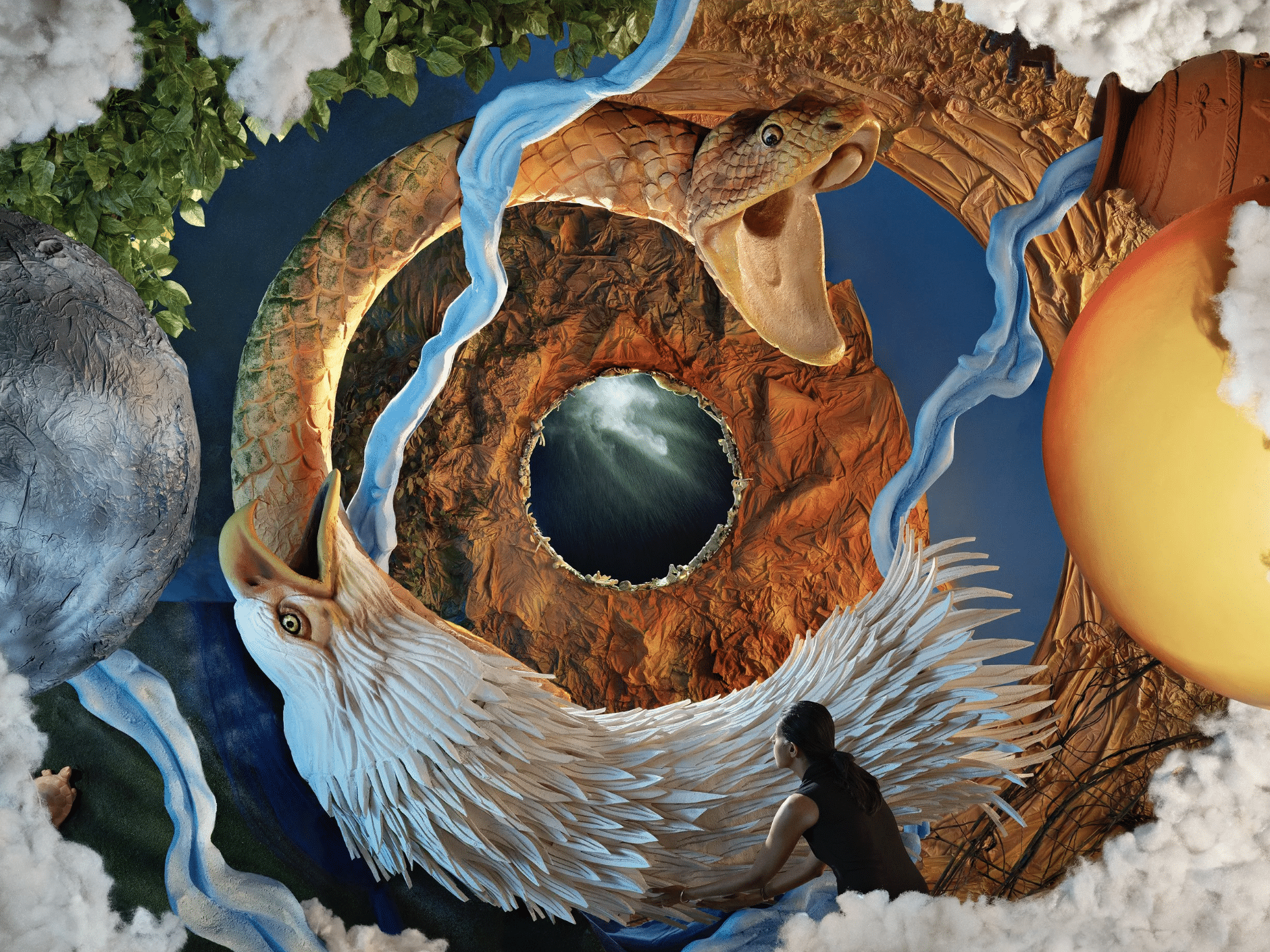 An image by Manjari Sharma depicting a snake and an eagle, curved around a green portal in an oroborous shape.