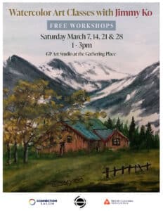 A poster for Watercolour Art Classes, showing a painting of a cabin and mountains.