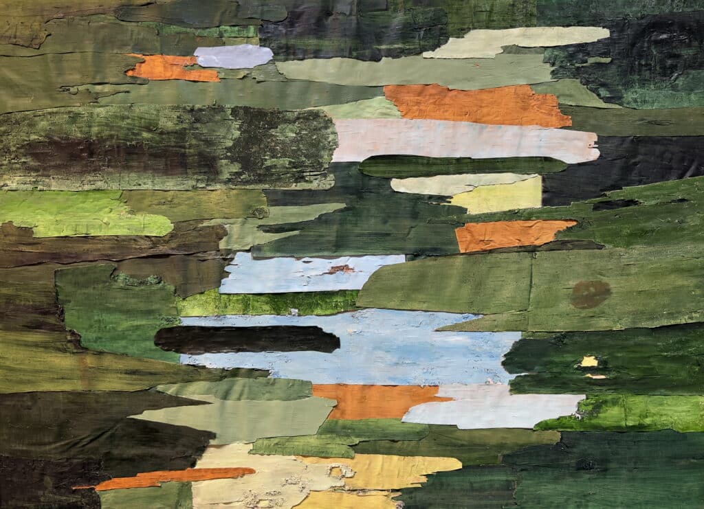 Layered strips of thick paint in deep greens, moss, ochre and pale blue stretch across the canvas like fragments of forest and water, creating a textured landscape that feels both grounded and shifting.