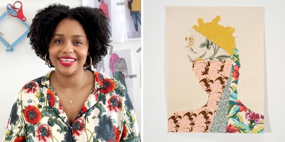 A smiling person with short curly hair and a floral blouse stands in a bright studio beside a textile portrait featuring layered patterned fabrics forming a silhouetted figure filled with floral motifs.