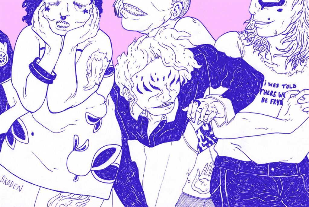 A vivid illustration in deep purple lines shows a group of expressive figures leaning close together, their gestures animated and playful. The scene feels lively and slightly surreal against a soft gradient background.