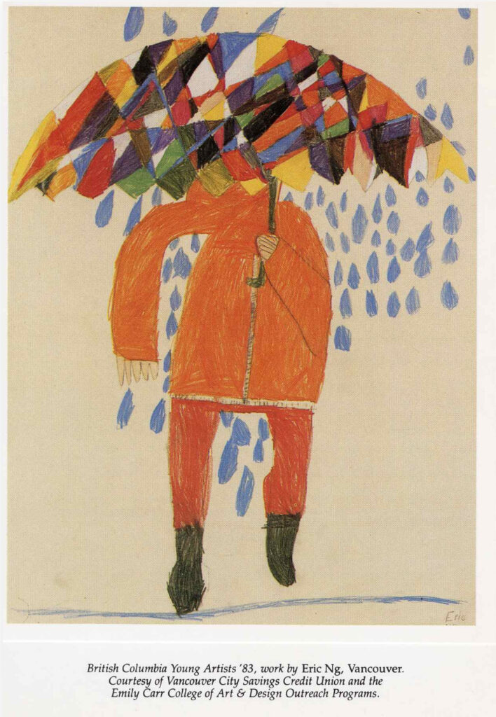 Drawing of a person in red clothing holding a patterned umbrella with raindrops falling around them.