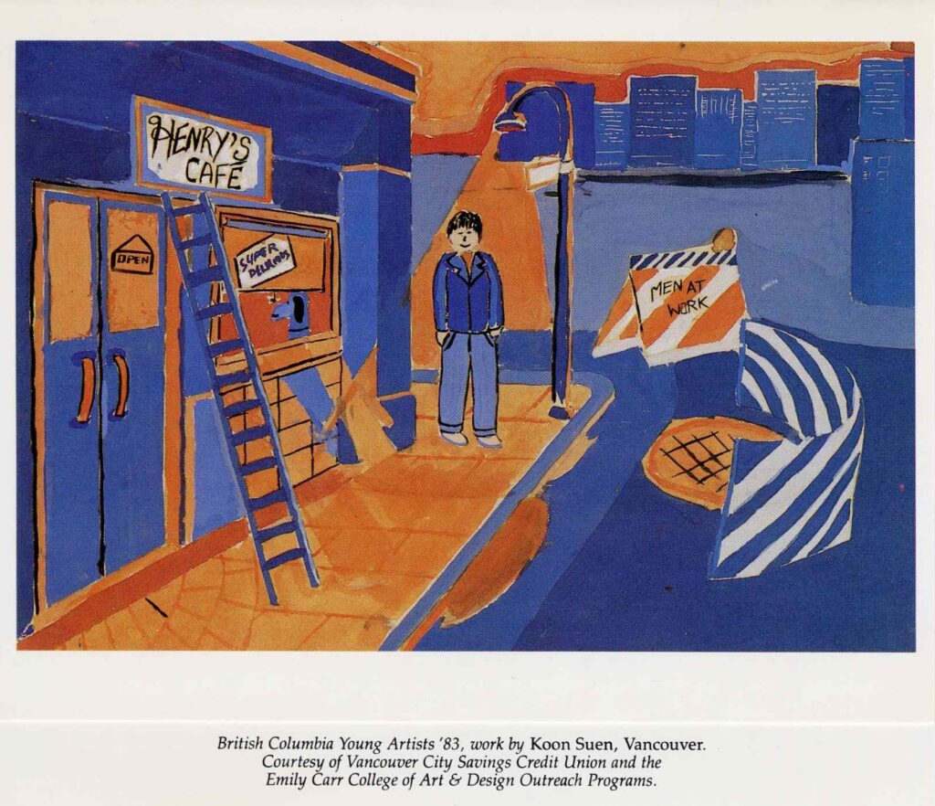 Childlike painting of a street scene with a building labeled “Henry’s Cafe,” a ladder, and a road sign reading “Men at Work.”