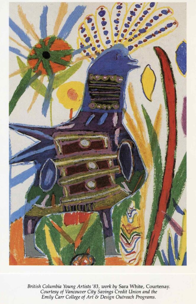 Brightly colored drawing of a bird with decorative patterns surrounded by abstract shapes and plant-like forms.