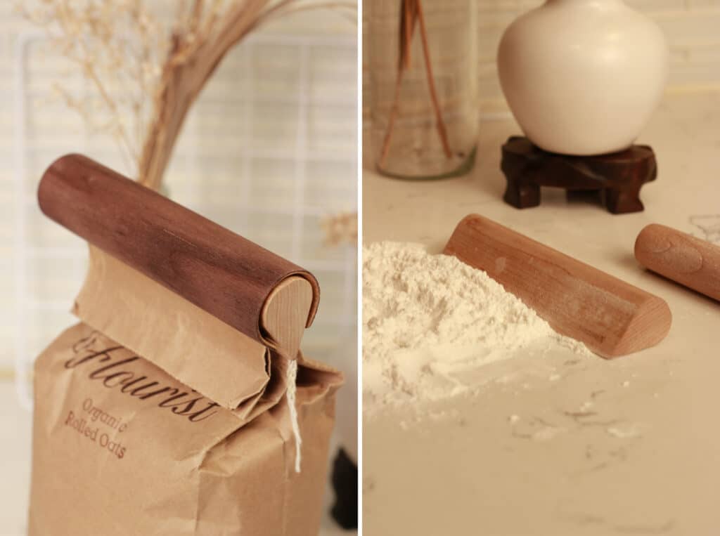 Two warm-toned kitchen scenes sit side by side: on one side, a smooth wooden clip seals a brown paper bag labeled “Flourist Organic Rolled Oats.” On the other, a small wooden tool rests beside a mound of flour on a countertop, suggesting quiet preparation and baking.