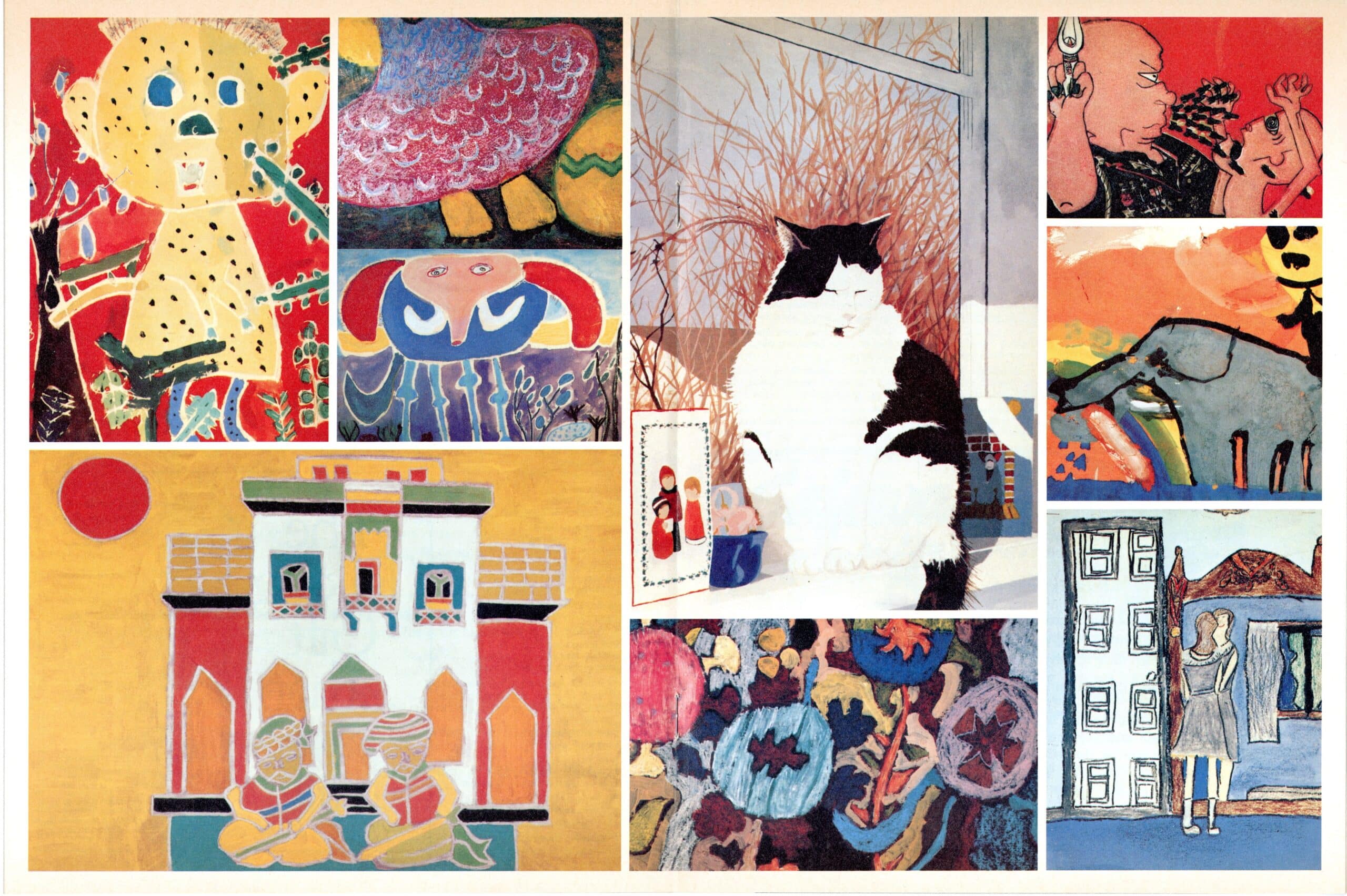 Collage of colorful children’s artworks including animals, buildings, a cat, and abstract scenes arranged in a grid layout.