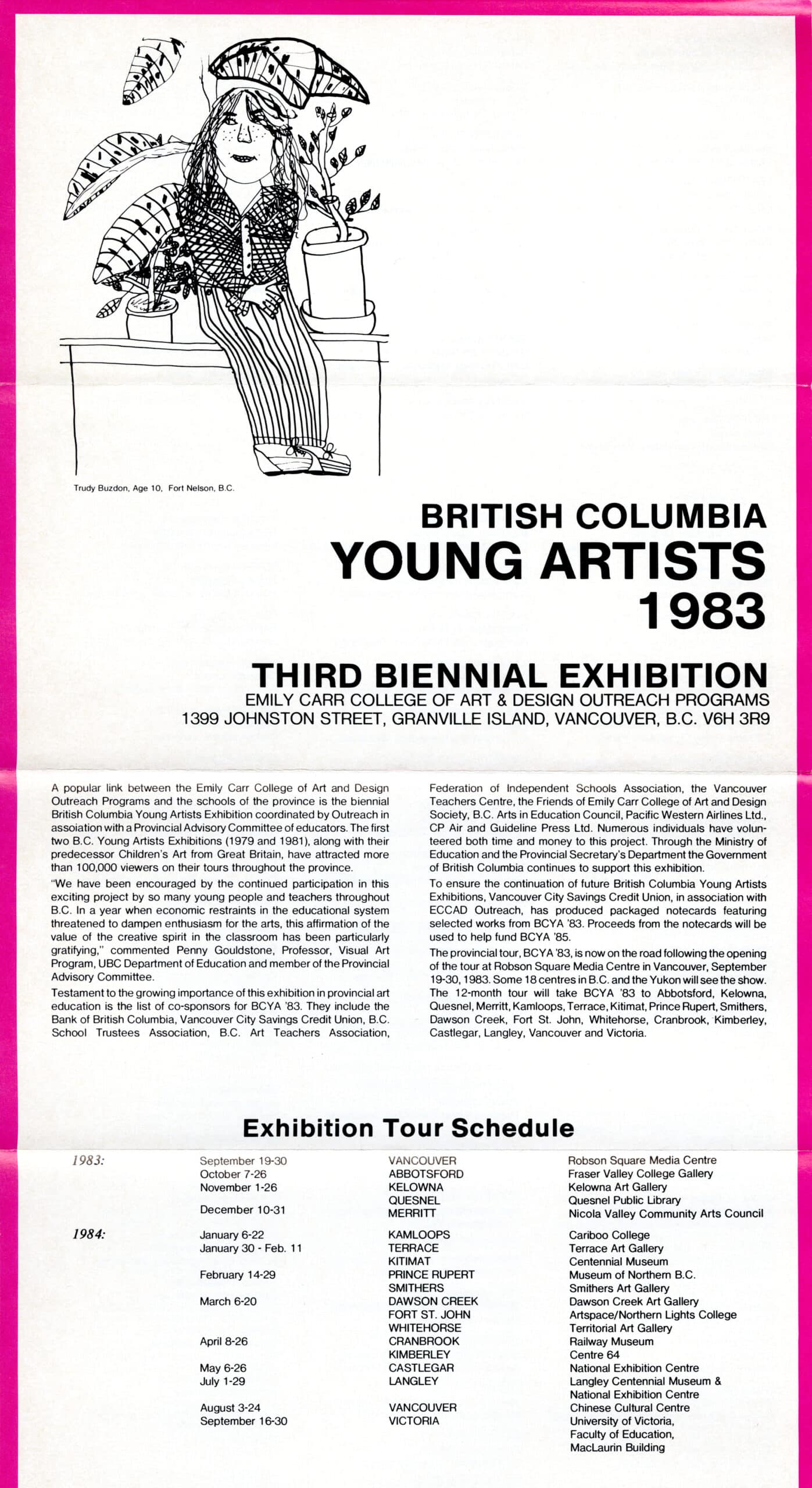 Poster titled “British Columbia Young Artists 1983 Third Biennial Exhibition” with a line drawing of a seated figure and detailed exhibition information and tour schedule below.