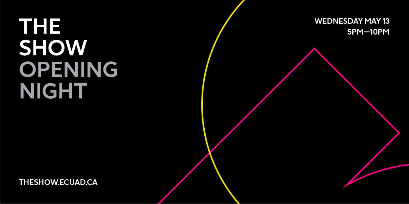 A black background with yellow and pink curved lines with the text 'The Show Opening Night'