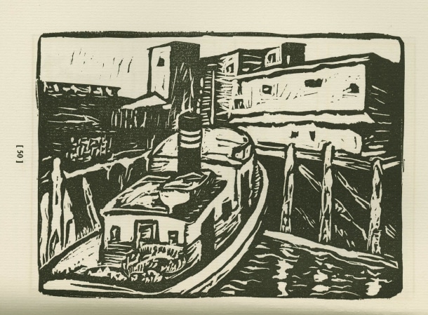 A black and white linocut depicting a boat docked at a station