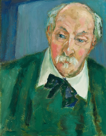 A portrait of an older man with a white moustache, with greens and blues