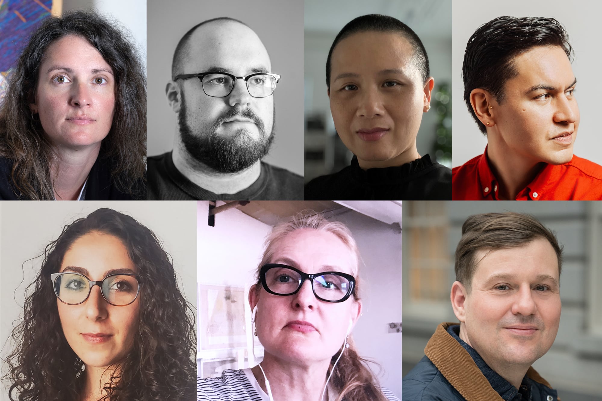 A collage of seven headshots of people looking at or slightly away from the camera.