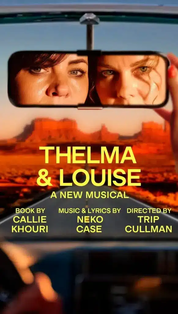 A poster with two women's eyes in the frontview mirror with the title 'Thelma & Louise'