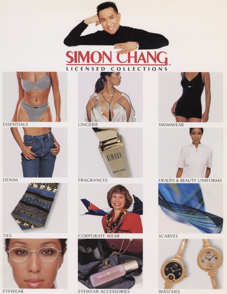 Promotional collage showcasing Simon Chang licensed products, including apparel, accessories, fragrances, eyewear and watches.
