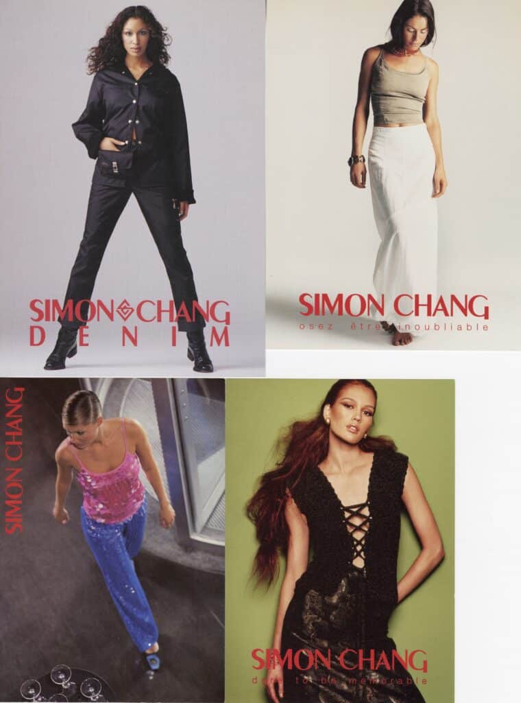 Four Simon Chang fashion advertisements feature contemporary apparel, denim and eveningwear photographed in distinct editorial styles.