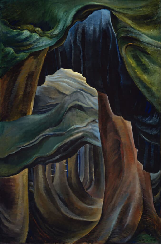 Abstract landscape painting of a forest with towering tree trunks and flowing, wave-like forms in deep greens, blues and earth tones, creating a dreamlike view through the woods.