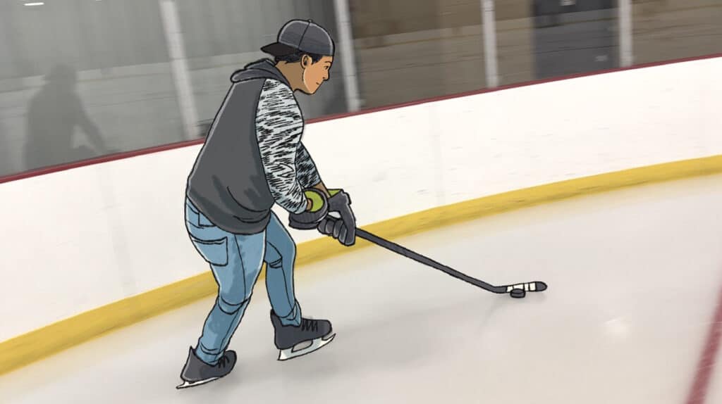 Digital illustration of a person skating on an ice rink while guiding a hockey puck with a stick.