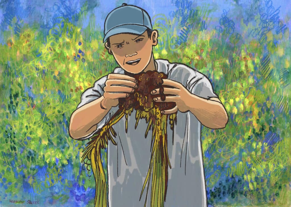 Painting of a person wearing a baseball cap holding a bundle of plants or roots against a vibrant green and blue landscape.