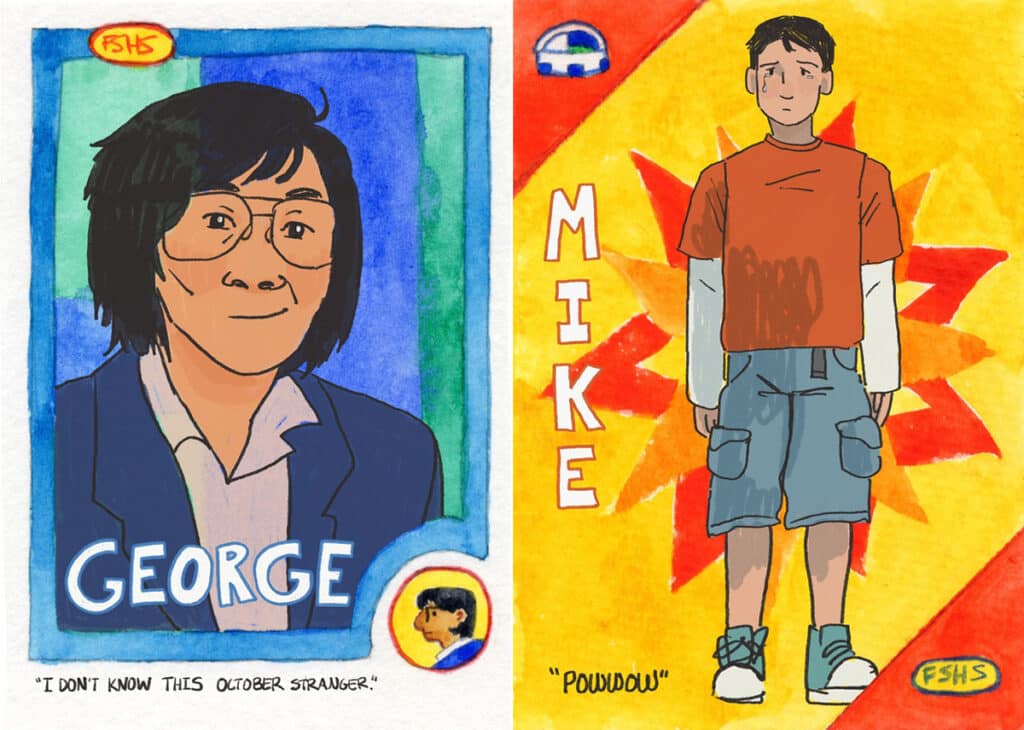 Composite illustration featuring two trading card-style portraits. On the left, a portrait of a person wearing glasses and a blazer labeled "George" with the caption, "I don't know this October stranger." On the right, a full-length illustration of a tearful young person labeled "Mike" standing against a bright yellow and orange background with the caption, "Powwow."