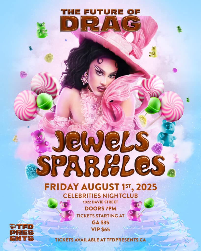 Promotional poster featuring a drag performer in a dramatic pink ruffled outfit and oversized hat, surrounded by candy, lollipops and gummy bears against a pastel sky. Large text reads "The Future of Drag: Jewels Sparkles."