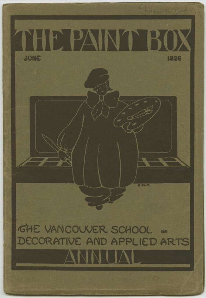 Cover of 'The Paint Box' annual publication from June 1926 featuring a stylized illustration of an artist holding a paint palette and brush above the text, "The Vancouver School of Decorative and Applied Arts Annual."