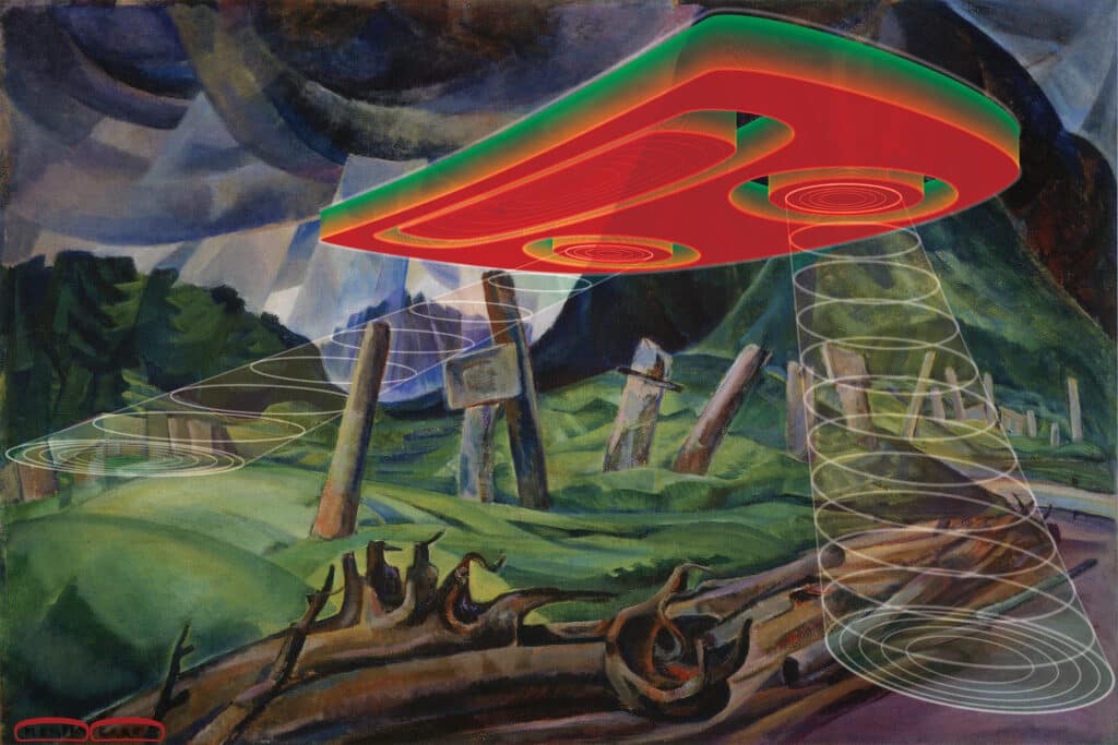 Painting of a surreal landscape where a glowing red geometric form hovers above rolling hills, projecting translucent rings of light onto the ground below.