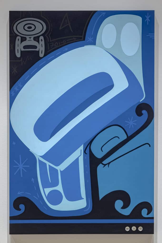 Graphic painting in layered blues and black depicting a stylized whale emerging from curling waves, surrounded by celestial symbols and flowing forms.