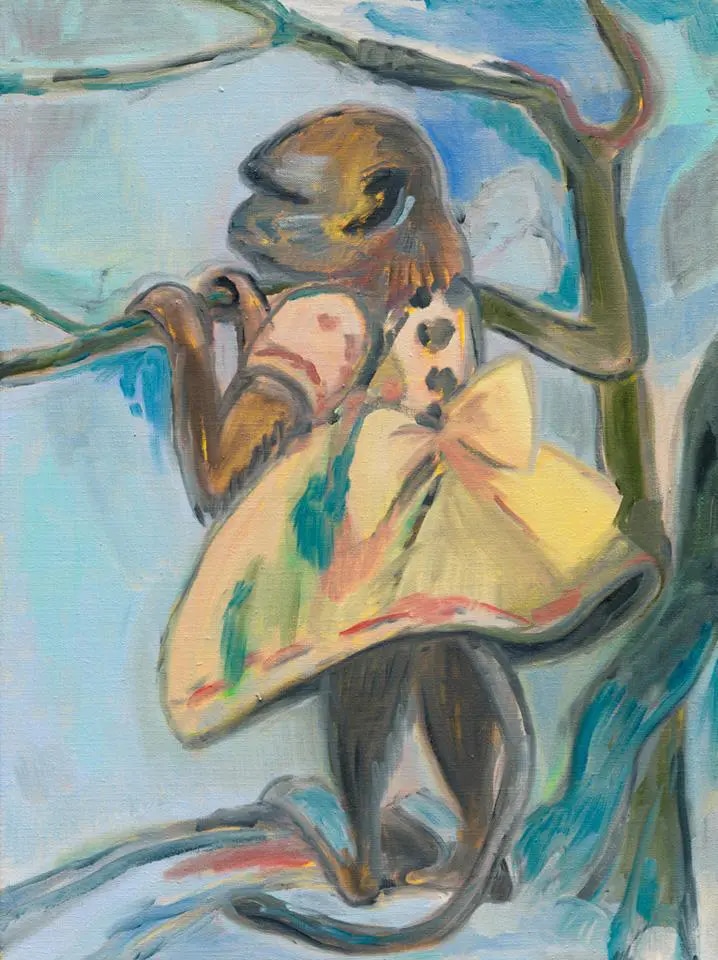 Painting of a monkey perched on a tree branch wearing a flowing white dress tied with a large bow, set against a soft blue background.