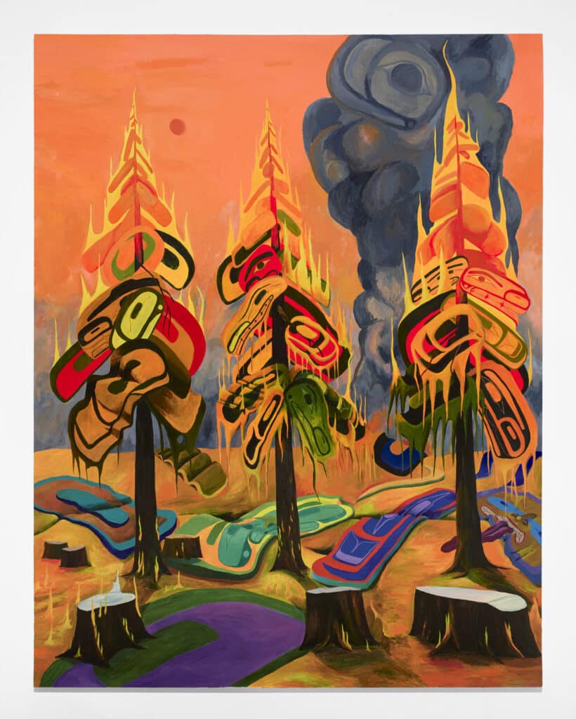 Large painting of three stylized trees engulfed in flames, with brightly coloured abstract forms, tree stumps and dark smoke rising against an orange sky.