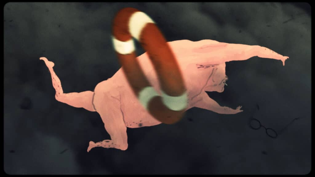 An abstract animation still showing a pink human figure with outstretched limbs beneath a curved, striped form against a dark background.