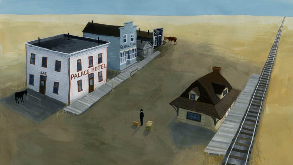 Painting of a small prairie town with a hotel, general store and train station beside railway tracks, surrounded by open grassland.