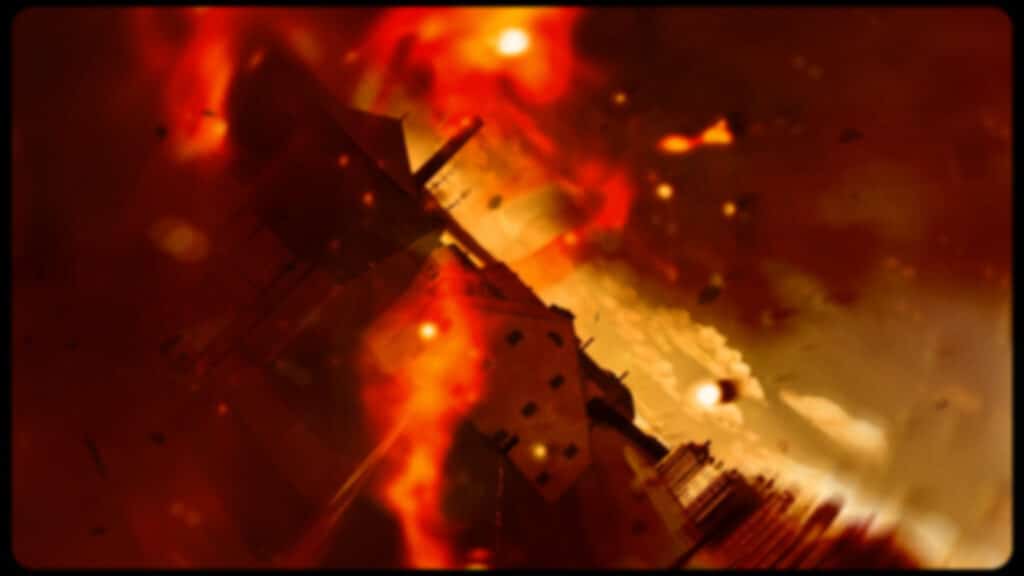 An abstract animation still showing buildings engulfed in glowing red and orange flames beneath a smoky sky.