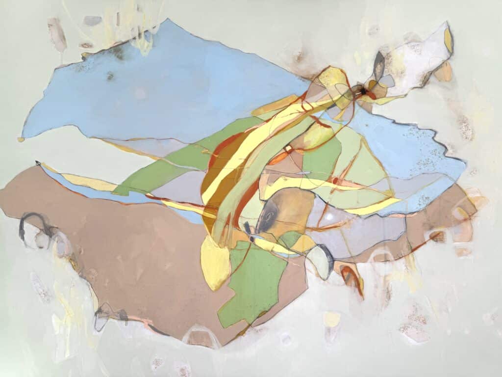 Abstract painting of soft blue, green and ochre forms woven together with fine lines, suggesting a landscape carried by wind, water and changing light.