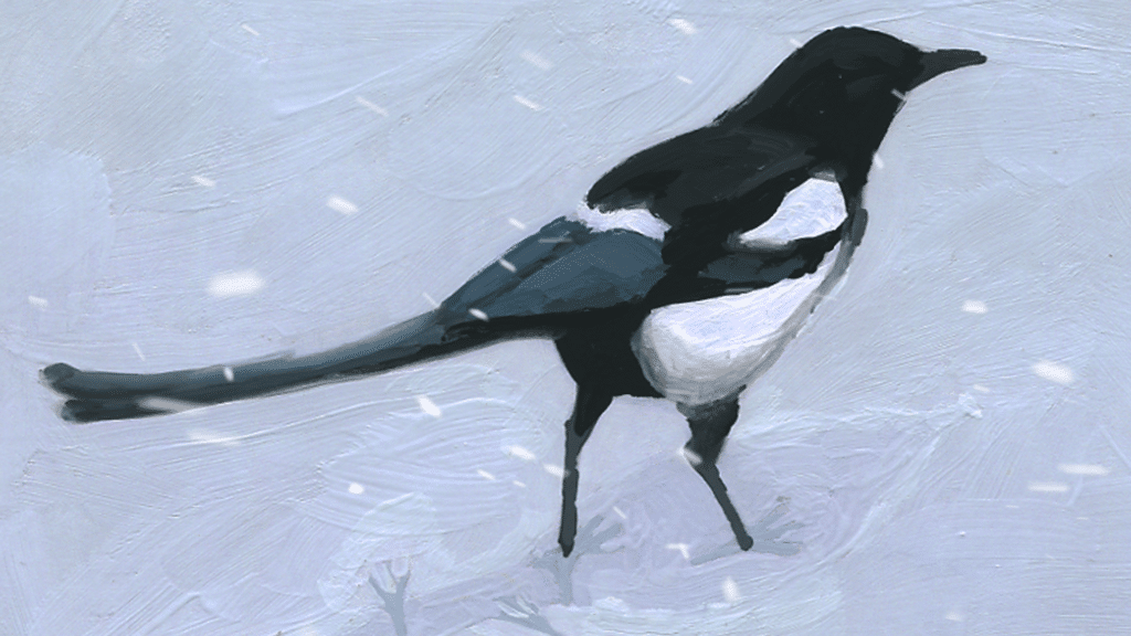 Painted black-and-white magpie standing in falling snow against a pale blue-grey background.