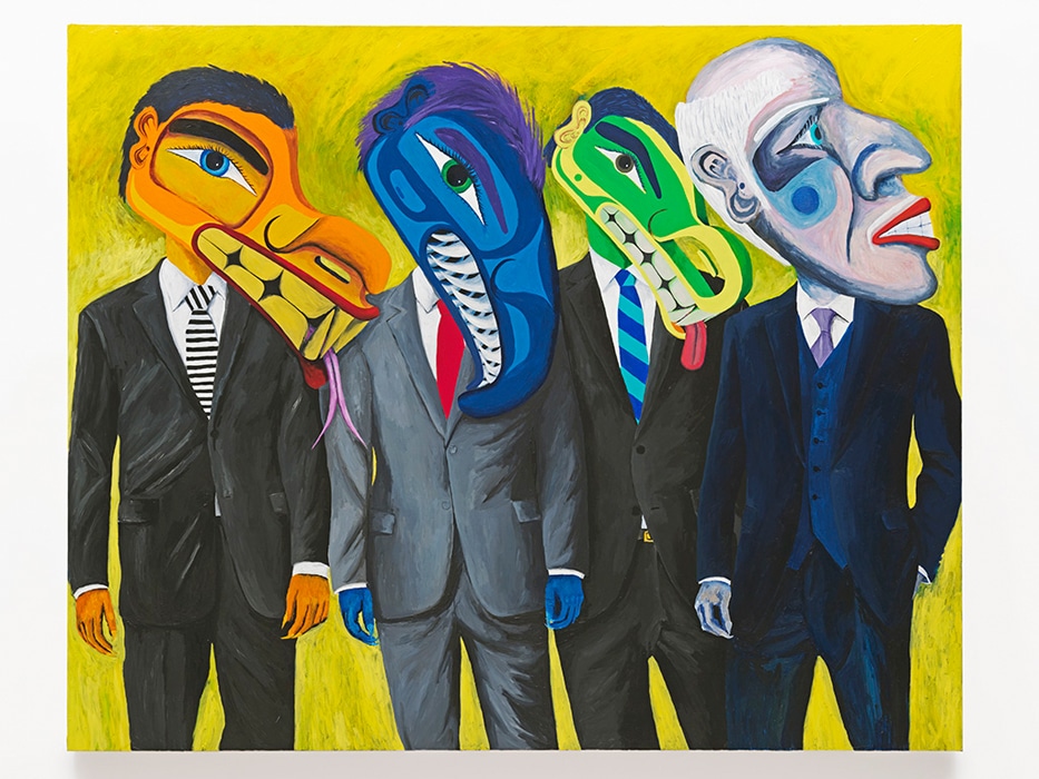 Large painting of four suited figures with stylized, mask-like heads in vivid colours standing against a bright yellow background.